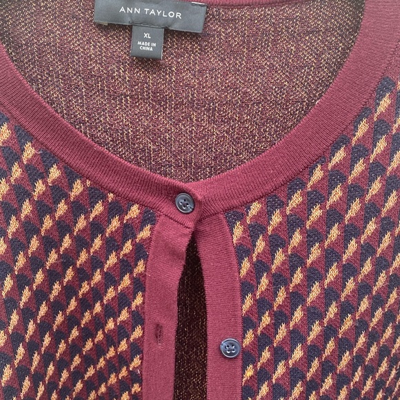 Talbots cardigan button down fine knit size XL burgundy golden yellow geometric - Picture 2 of 11